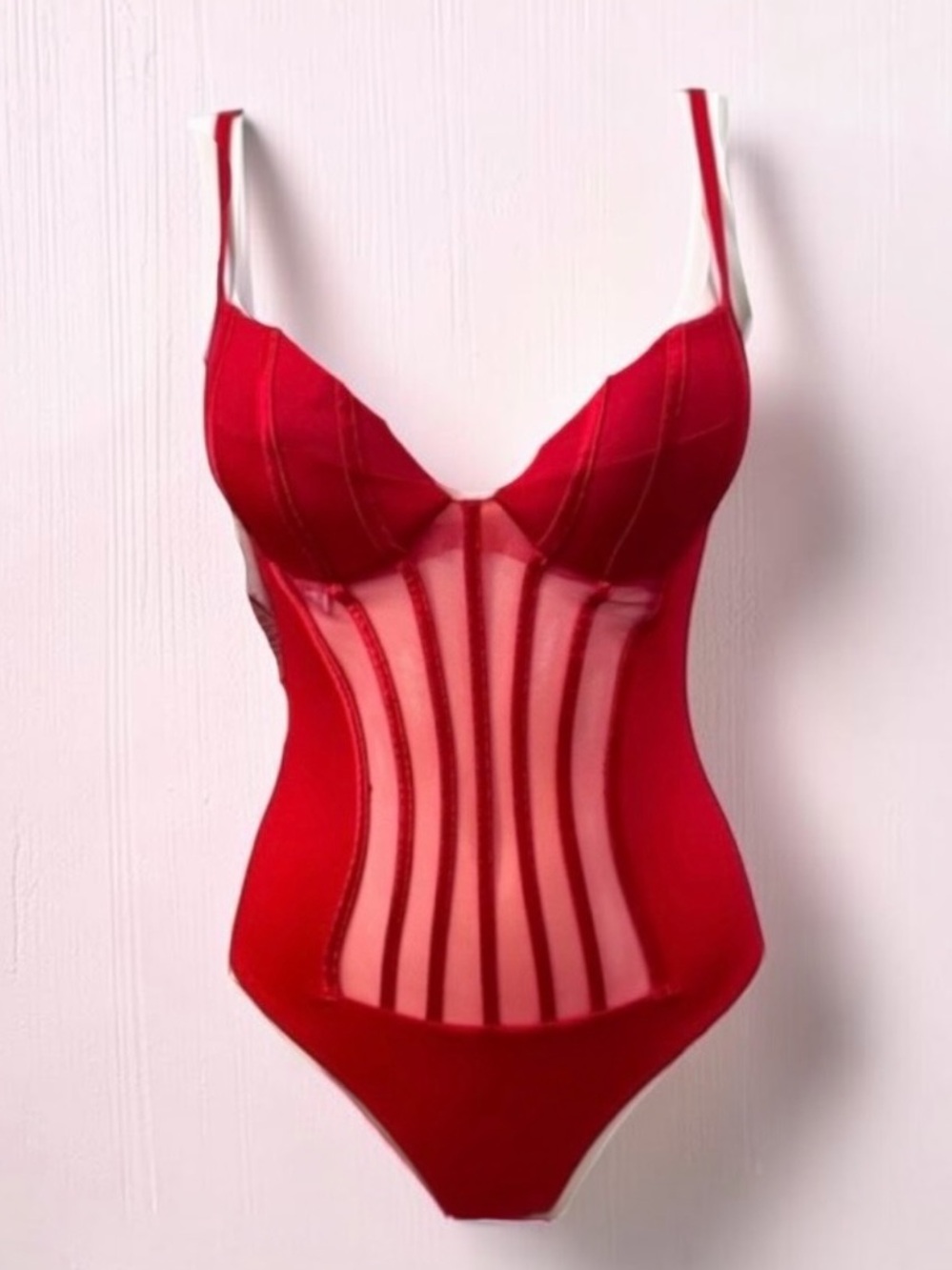 La Perla Red Boned Mesh Sheer Swimsuit Size 6